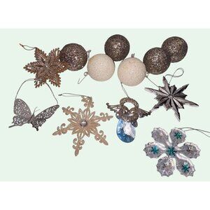 Set Of 12 Glittery Christmas Ornaments - Snowflakes Balls & Angel Decorations